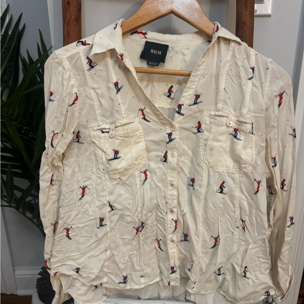 Maeve for Anthropologie Cream Ski Print Women’s Shirt